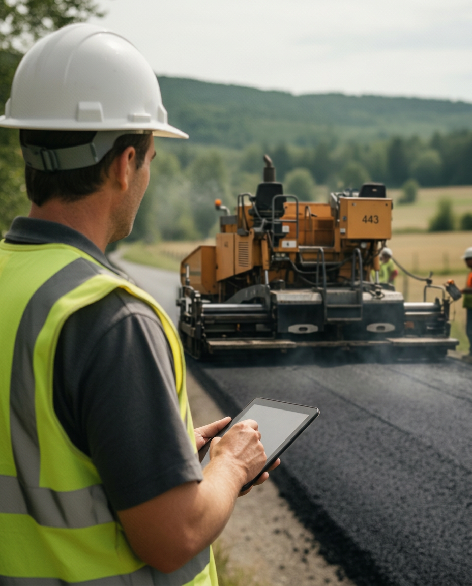 Paveuse asphaltant un chemin de rang en milieu rural